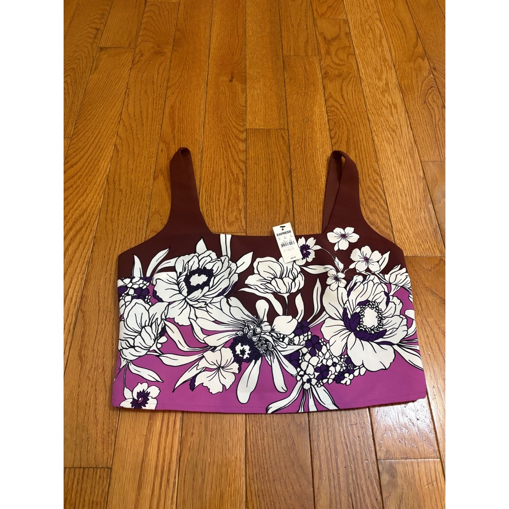 Express Conscious Edit Floral Crop Top Burgundy Purple Square Neck Size M NEW